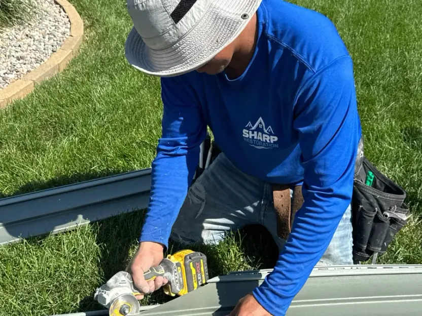 Sharp Restoration crew member cutting seamless gutter coil on site