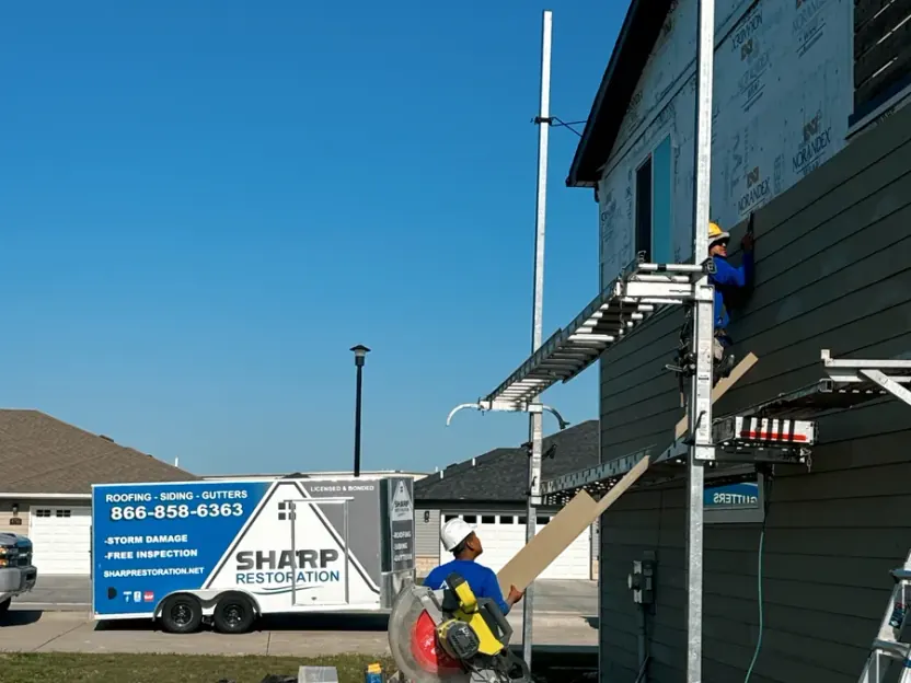 Sharp Restoration job site with material fabrication and branded equipment trailer