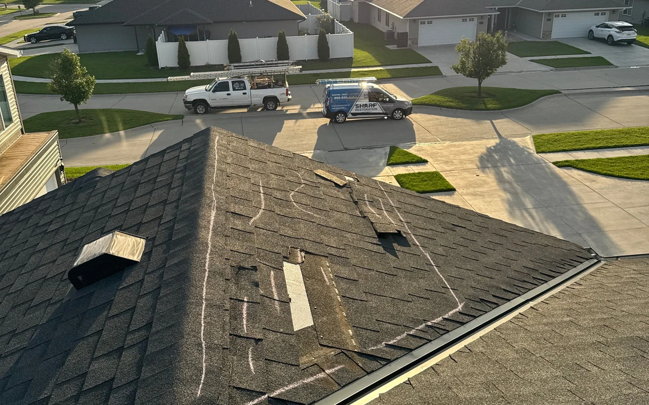Storm-damaged shingle roof marked for inspection with Sharp Restoration trucks parked below in a Nebraska neighborhood